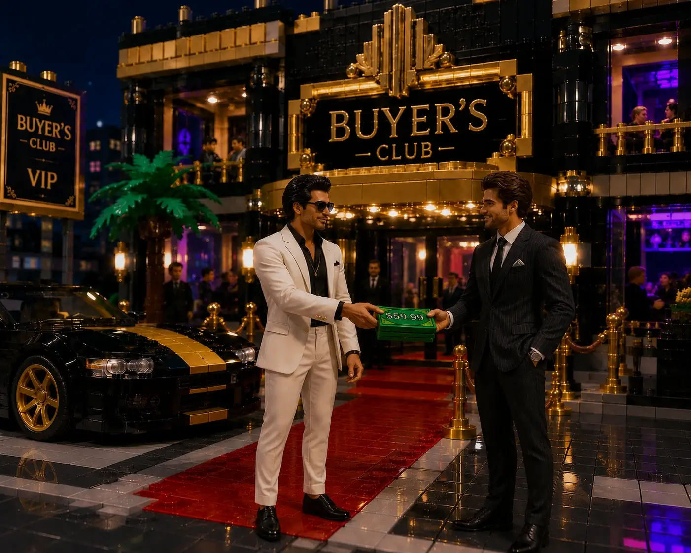 Two men in suits in front of a glamorous Buyer’s Club VIP entrance with a red carpet