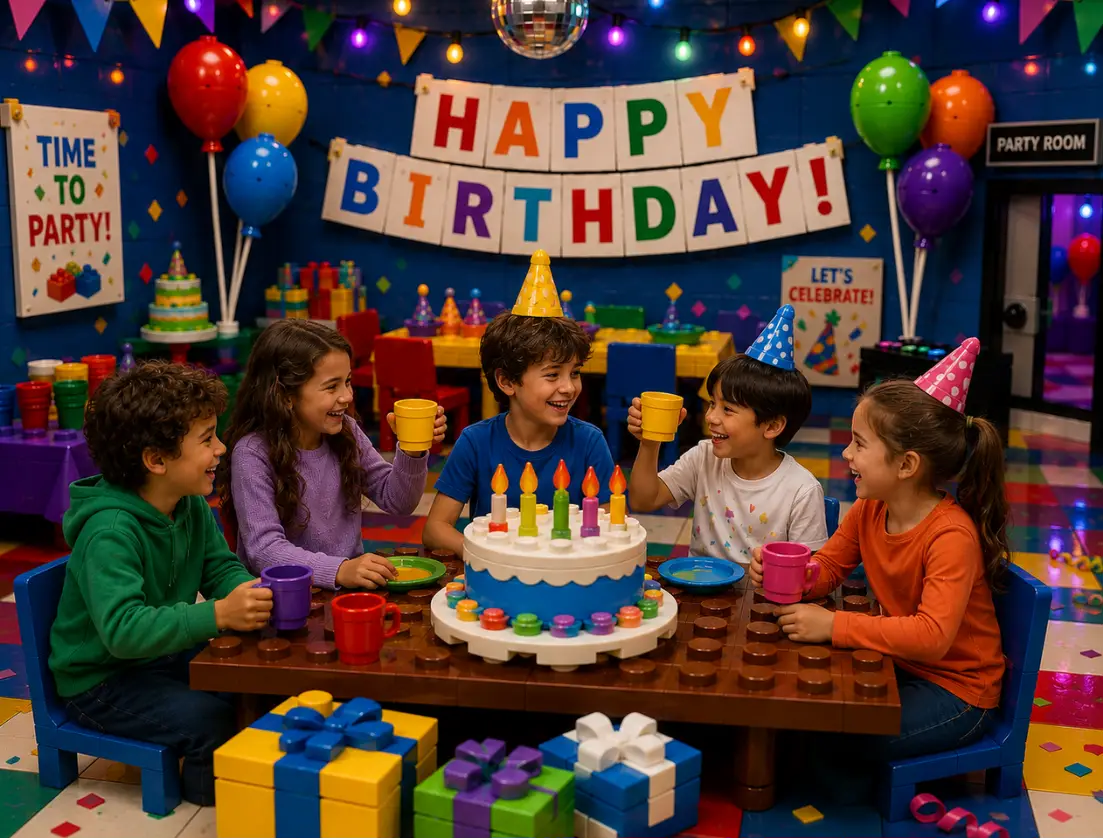 Children celebrating a LEGO-themed birthday party at Brickitty-dooda